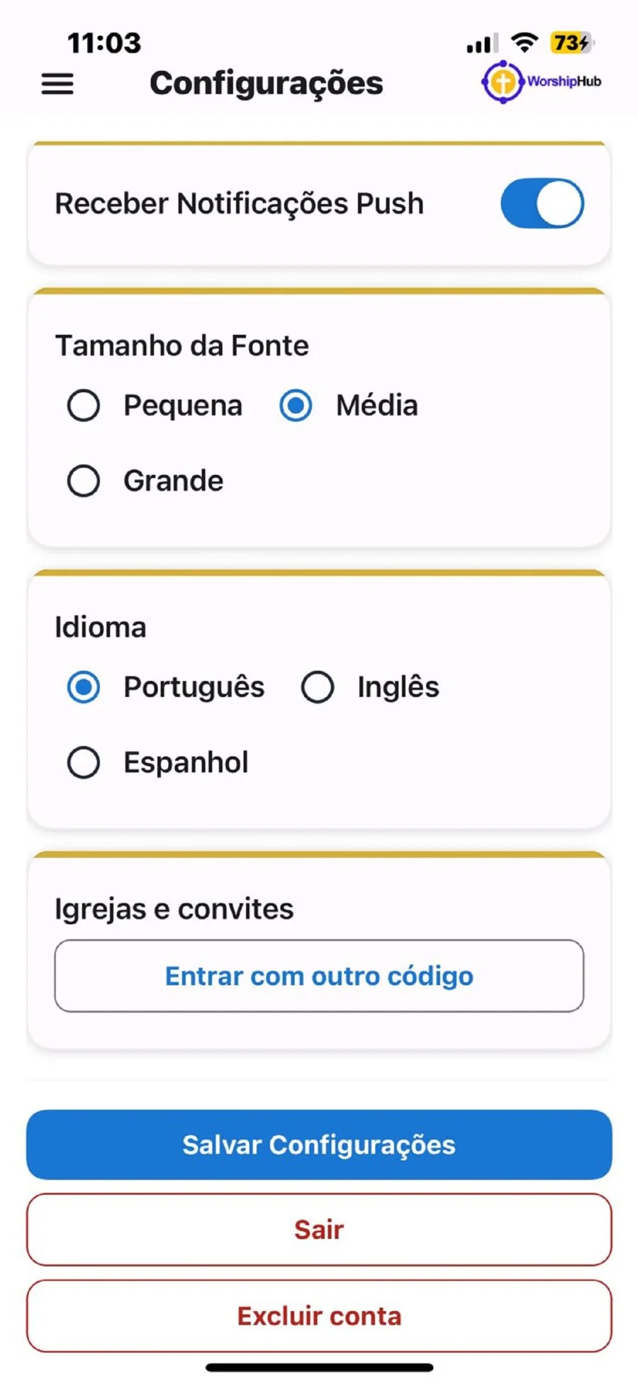 Tela de exportação em PDF no WorshipHub