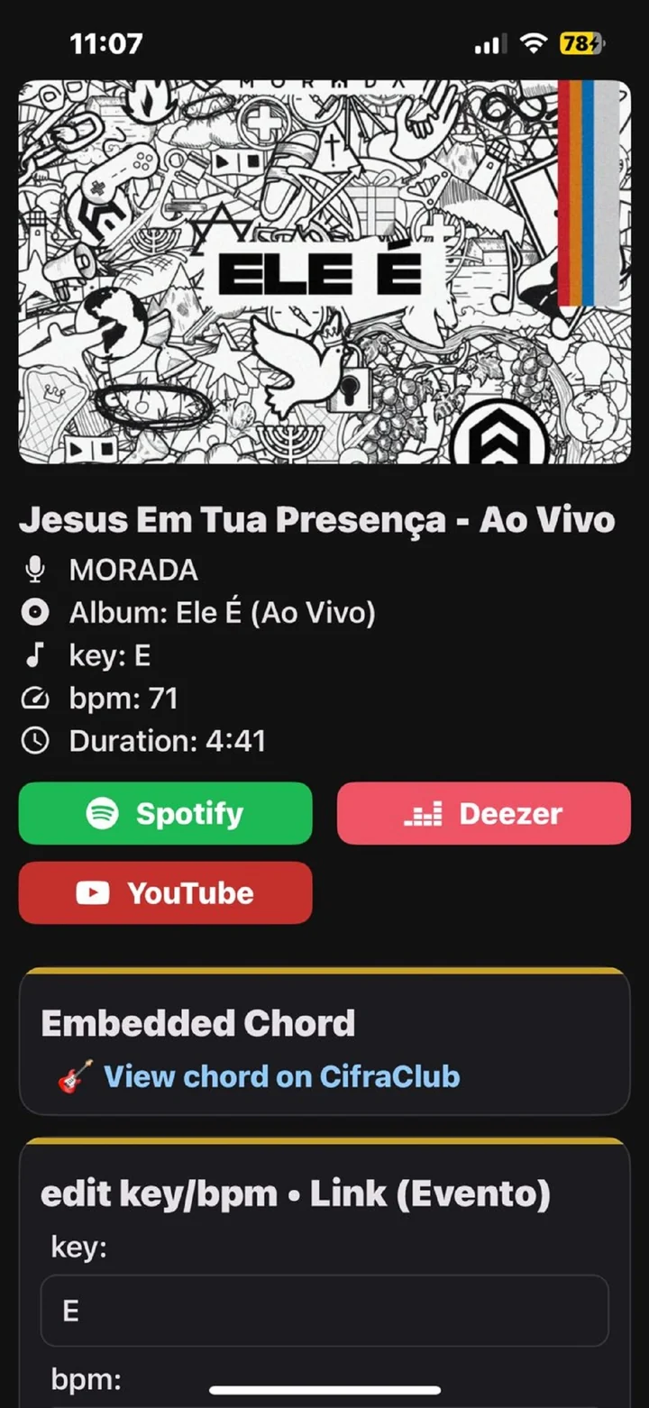 Tela de música com Spotify, Deezer e YouTube no WorshipHub